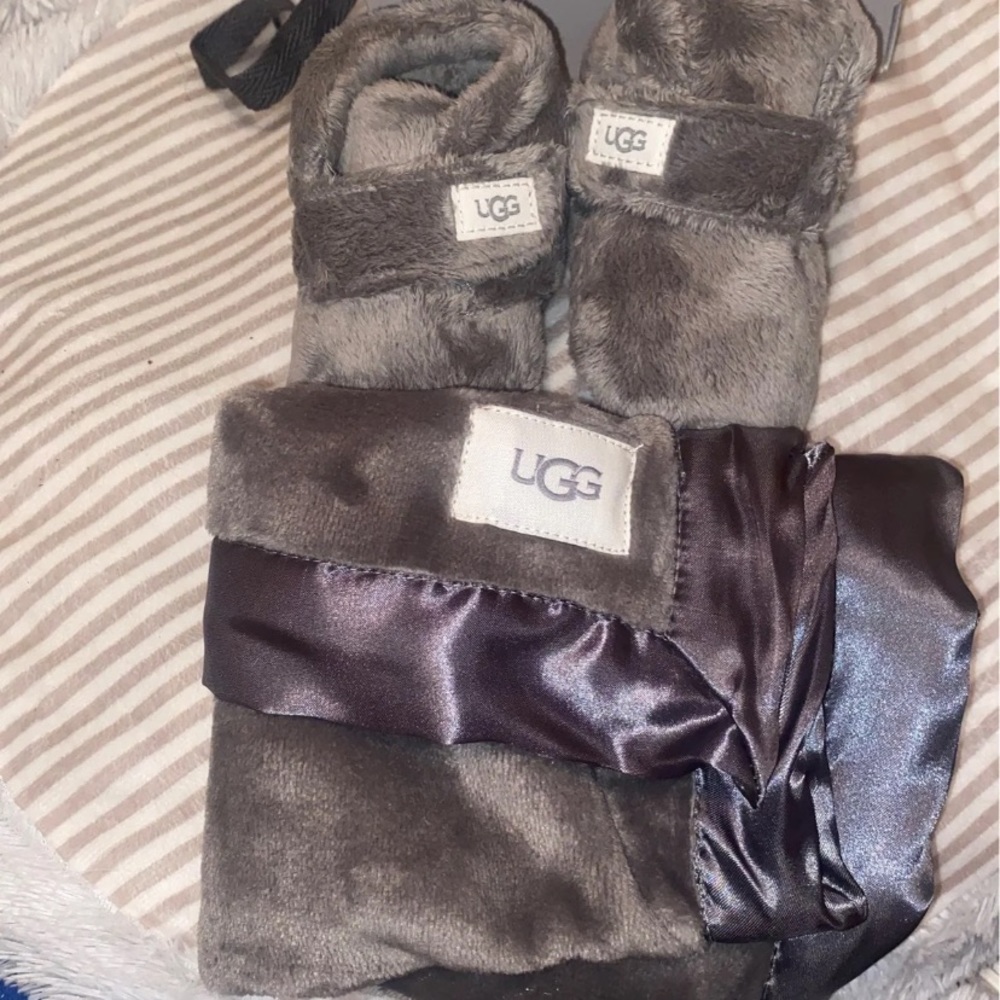 Dark grey Ugg booties along w dark grey blanket